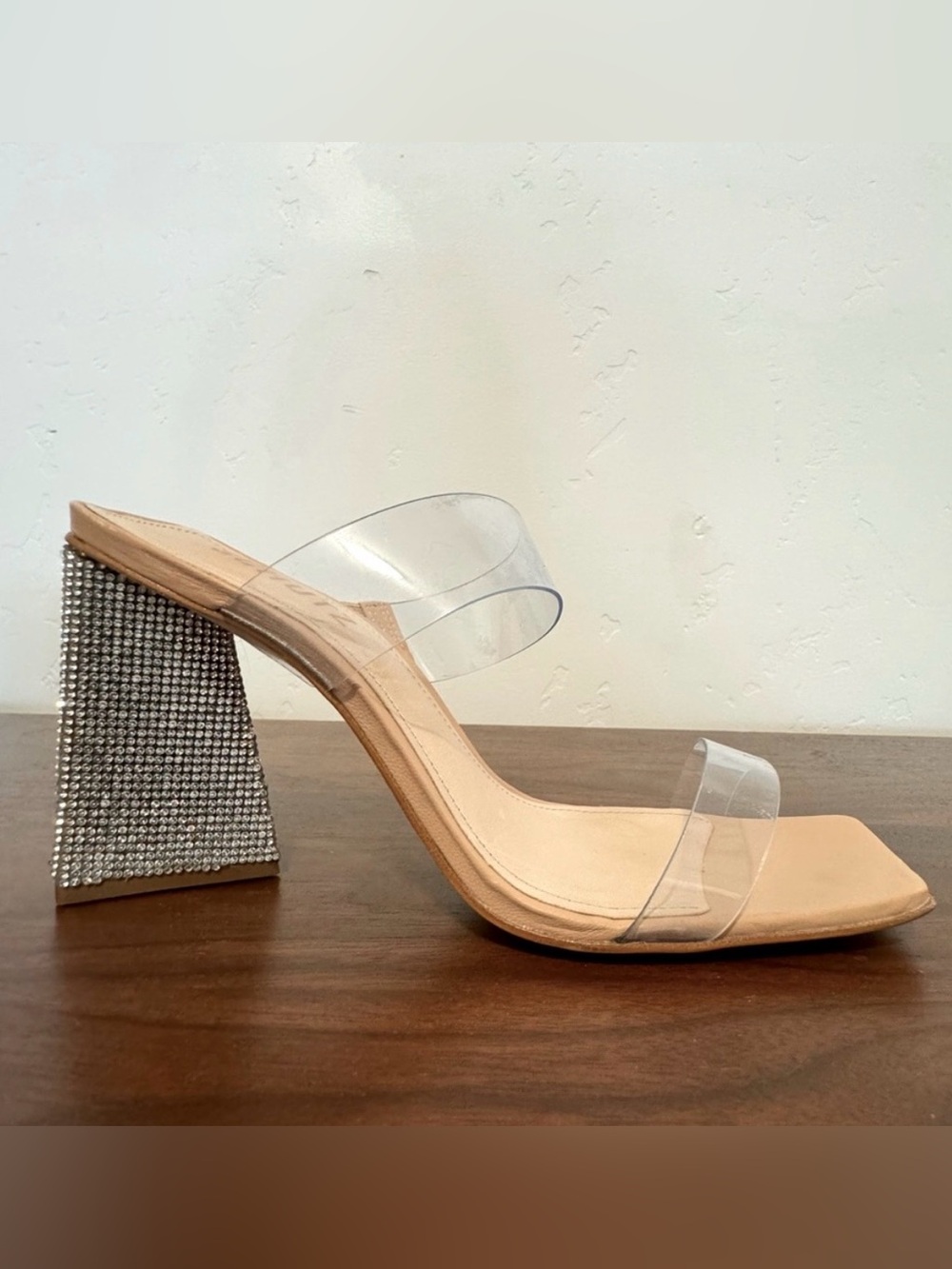 SCHUTZ Arielle Clear Strap Block Heel Sandal with Rhinestone Heel 7.5